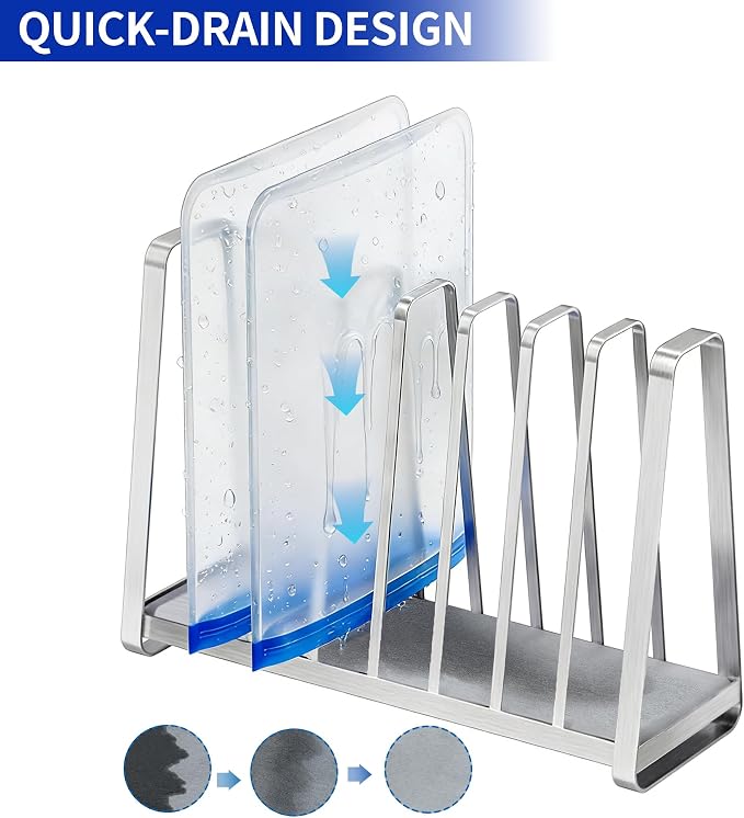 YIGII - Reusable Bag Drying Rack - Built in Quikly Dry Diatomite Stone Tray, Kitchen Drying Rack for Ziplock/Sandwich Storage Bags, Plastic Bag Drying Rack, Silver