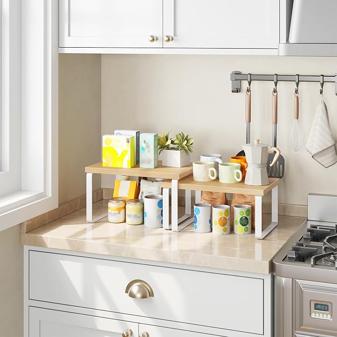 HOOBRO Cabinet Organizer Shelf, Set of 2, Kitchen Countertop Organizer, Kitchen Countertop Shelf, Spice Rack for Counter, Stackable, Expandable for Cabinet, Kitchen, Natural and White WN33TL01