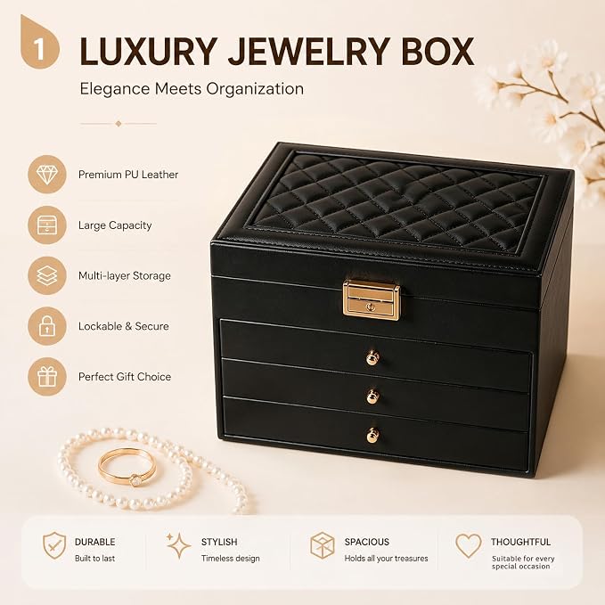 Leather Jewelry Box with Lock for Women, 4-Tier 3-Drawer Large Capacity Organizer, Vanity Storage Case for Earrings Rings Necklaces, Elegant Gift for Her (Balck, 9" L x 6.7" W x 7" H)
