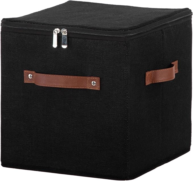 11inch Storage Boxes Cubes with Zipper Lid Collapsible Fabric Lidded Storage Bins Baskets PU Leather Handle Cotton Linen Decorative Shelf Closet Organizer Container (Black, 1PCS)