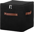 11inch Storage Boxes Cubes with Zipper Lid Collapsible Fabric Lidded Storage Bins Baskets PU Leather Handle Cotton Linen Decorative Shelf Closet Organizer Container (Black, 1PCS)