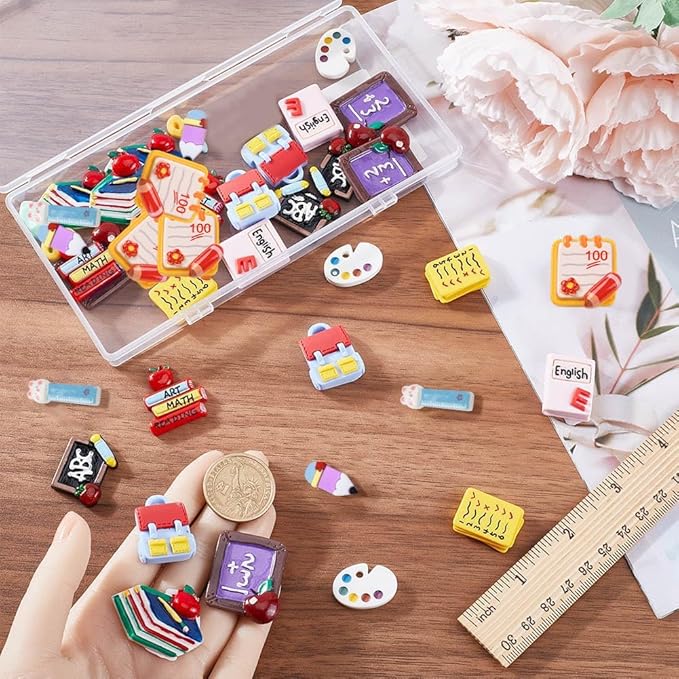 SUNNYCLUE 1 Box 48Pcs School Resin Charms Flatback Teacher Cabochons Chalkboard Backpack Books Pencil Flat Back Cabochon Teacher Appreciation Crafts for Jewelry Making DIY Scrapbooking Embellishments