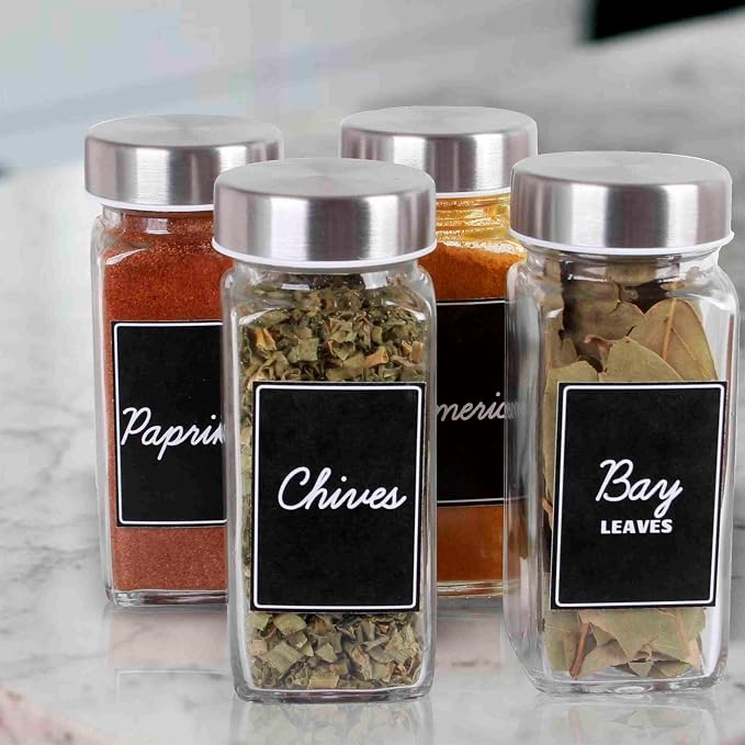 Orii Black Rectangular 160 Spice Labels Stickers for Spice Jars | 160 Pre-Printed Labels, 20 Blank Labels, For Kitchen Pantry, Herb Seasoning Labels