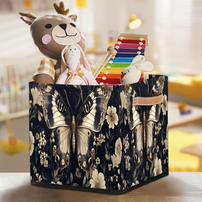 TropicalLife Flowers And Butterfly Storage Cube, 13 Inch Fabric Cube Storage Organizer Bin for Shelves Clothes, Decorative Foldable Storage Boxes