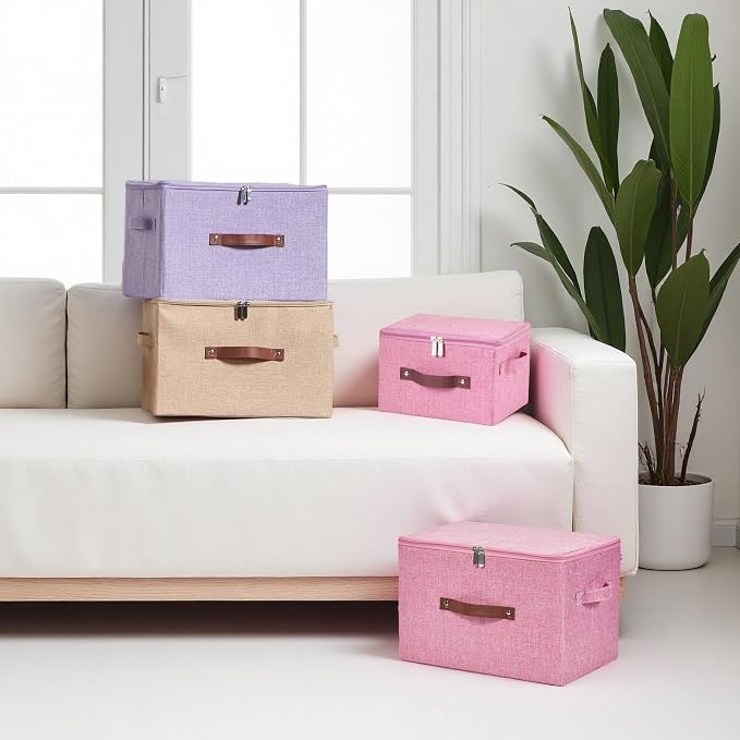 2 Pack Storage Bins with Zipper Lid Cotton Linen Fabric Lidded Storage Baskets Boxes Foldable Washable Closet Shelf Clothes Organizer Container with PU Leather Handles (Pink, Small)