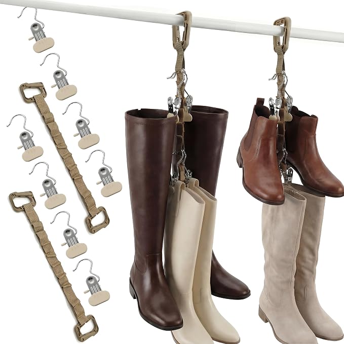 WVX Boot Hangers for Closet (2 Pack) - Vertical Boot Storage Organizer with 8 Non-Marking Clips for Hanging - Adjustable Strap Holder for Tall Boots, Over The Knee & Riding Boots