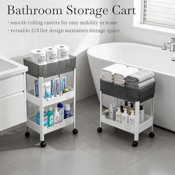 3 Tier Rolling Cart with Wheels 4.7'' Deep Baskets Bathroom Storage Shelf Heavy Duty Plastic Bedside Cart, Large Capacity Snack Stand Diaper Caddy Laundry Room Kitchen Organizer, White