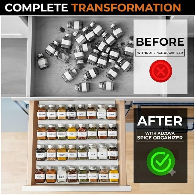 ALCOVA Expandable Spice Drawer Organizer 9-18" White (Jars Not Included) | Expandable Spice Drawer Organizer, Spice Rack, Seasoning Organizer