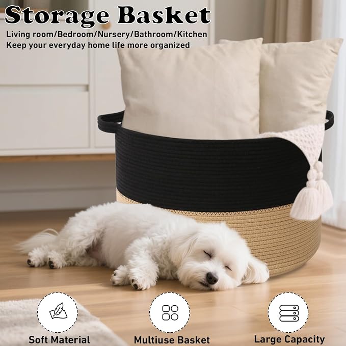 65L Large Blanket Basket,Woven Rope Laundry Basket Hamper with Handles,Decorative Nursery Basket Storage Bin for Toys, Pillows , Clothes Organizer, Living Room, Bedroom, Bathroom, Black&Camel