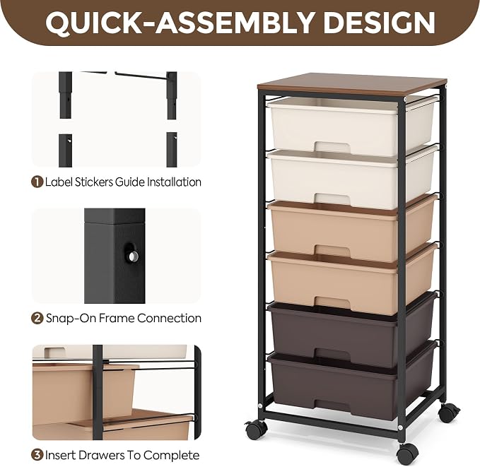 6 Drawer Rolling Storage Cart with Wooden Top and Wheels for Crafts,Brown | Easy Setup, Large Capacity, Sturdy Build, Lockable Mobility, For office, classroom and art studio supplies
