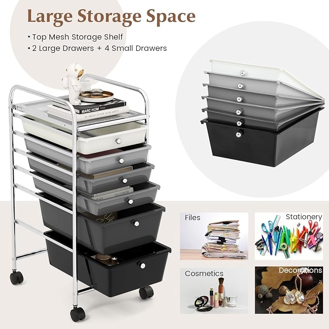 GOFLAME 6-Drawer Rolling Storage Cart, Multifunctional Art Craft Organizer Cart, Mobile Utility Storage Cart with Removable Drawers & Lockable Wheels, Craft Cart for Home Office, School, Gray Gradient
