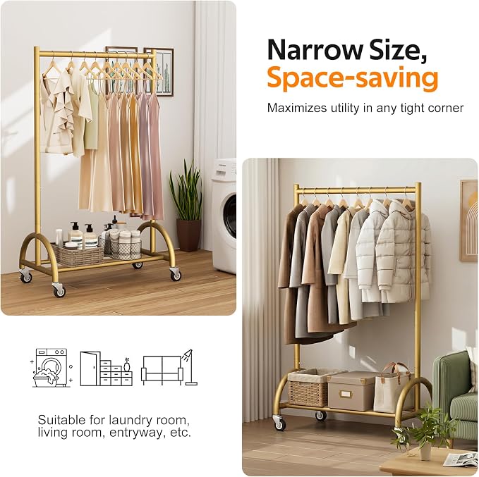 MISSLO Heavy Duty Clothing Rack with Wheels Rolling Clothes Racks for Hanging Clothes, Coats, Garment, Dress, Gold, 30" W