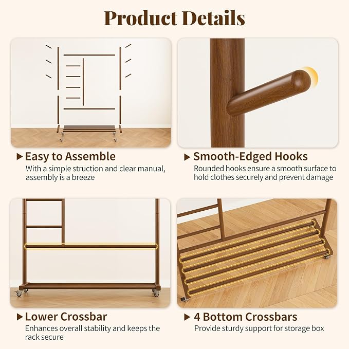 Yoobure Solid Wood Clothing Rack - Rolling Clothes Rack with Wheels, 4-in-1 Coat Rack with Pants Rack & Shelf, Freestanding Clothing Racks for Hanging Clothes, Garment Rack for Closet Bedroom Entryway
