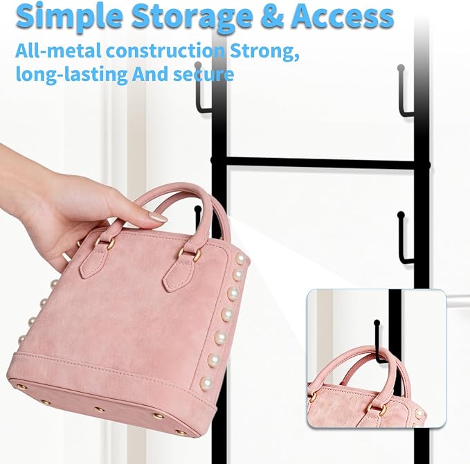 Over The Door Purse Organizer, Handbag Organizer Wall Mounted Purse Rack with 16 Hooks & Metal Basket, Hanging Handbag organizer Holds 16 Bags, 2 in 1 Dual Use for Door & Closet