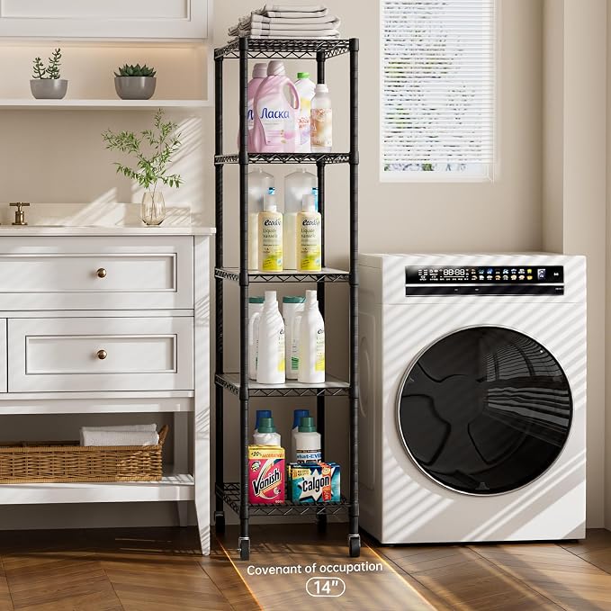 Golpart Shelves Storage Shelf Wire Closet Bathroom Organizers Metal Pantry | 5 tier Kitchen Garage Shelving Unit Laundry Room Organization Home Rack Net Basket Black with Wheels 14”D X 24”W X 61.2”H
