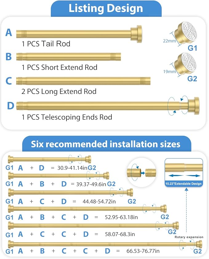 Tension Curtain Rod No Drilling Gold Spring Tension Rods for Windows 31 to 75 Inch Adjustable Curtain Rod Expandable Pressure Curtain Rod Shower Rods for Bathroom,Kitchen,Doorway