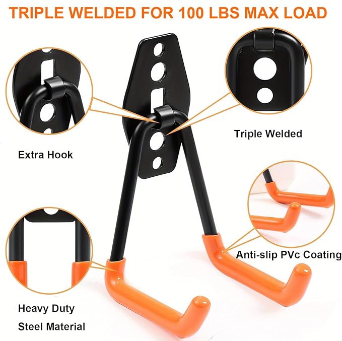 Steel Garage Storage Hooks, 16 Pack Anti-Slip Coating, Heavy Duty Wall Mount Hooks for Hanging Bike, Ladder, Garden Tools