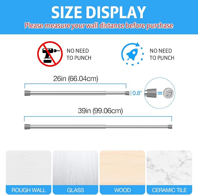 2 Pack Spring Tension Rods 26-39in, 5/8 Inch Diameter Silver No Drill Spring Loaded Adjustable Extendable, Small Short Tension Curtain Rod for Windows Kitchen Doorway Closet Cupboard