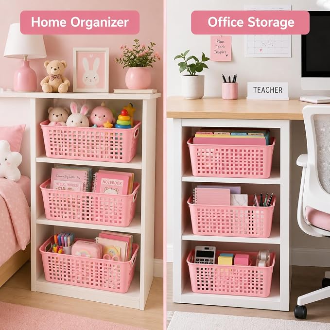 6 Pack Plastic Classroom Storage Baskets, Organizer Bins with Handle | Pink Color 11" × 7.1" × 4.6" Medium Papers Book Storage Organizer for School Classroom Library Office Home Desktop Bookshelf