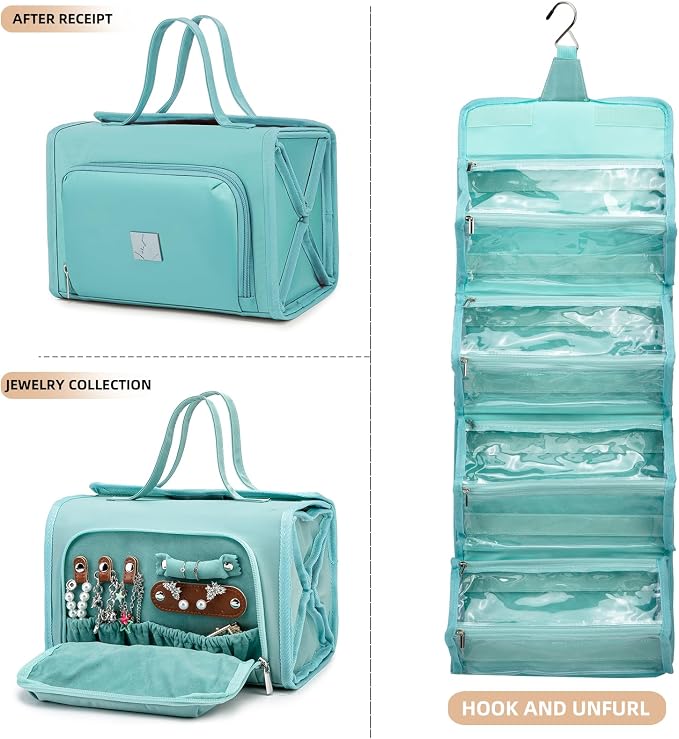 ROYALFAIR Roll Up Makeup Bag, Waterproof Toiletry Bag for Women, Hanging Travel Organizer with Jewelry Organizer Compartment, Extra Large 4 Clear TSA Approved (light blue)