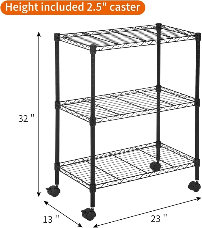 3-Tier Metal Wire Shelving Unit with Wheels, Heavy Duty Adjustable Storage Rack (450 lbs Capacity), Small Utility Organizer for Kitchen Pantry, Garage, Laundry Room, 23"W x 13"D x 31.3"H