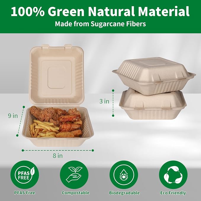 Aricsen Compostable 1 Compartment 50 Pack 8×9 Inch Takeout Lunch Box Containers with Lid To Go Take Out Clamshell for Food, Disposable Eco-Friendly Biodegradable Bagasse, PFAS-Free, Brown