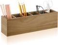 Jetec Wooden Pencil Pen Holder for Desk 6 Compartments Cosmetic Makeup Brush Stationery Office Desktop Organizers for Countertop Adjustable Silverware Caddy for Home and Party, Art Supplie(Wood Color)