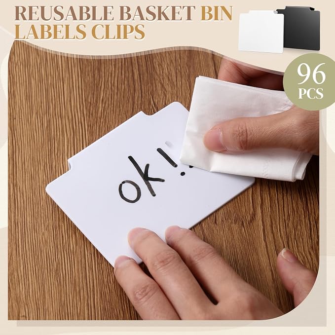 Siifert 100 Pcs Basket Labels Clip Set for Storage Bins Include Removable PVC Bin Label Holders with Chalk Markers for Kitchen Pantry Organization Labeling Box Shelf 48+2 96+4 (Black White)
