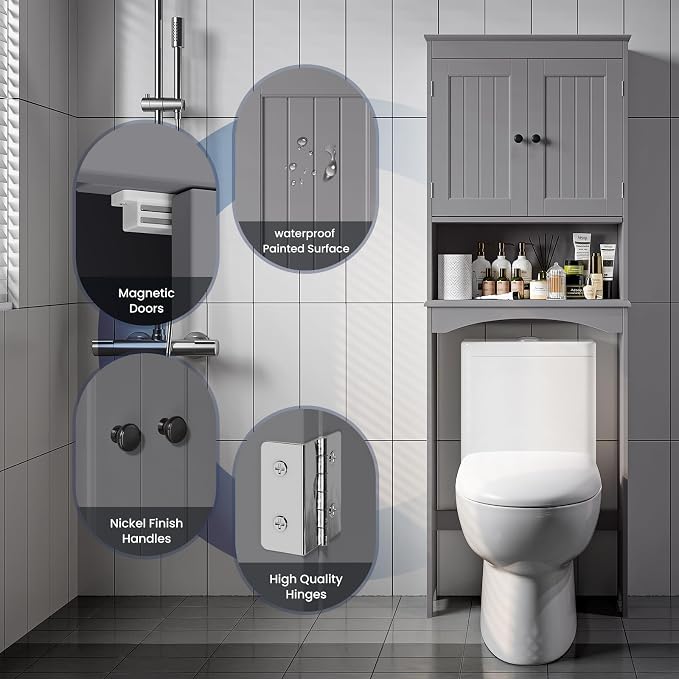 Bealife Over The Toilet Storage Cabinet with Open Shelf - Grey | Over Toilet Bathroom Organizer with Adjustable Shelf and Double Doors, Space Saver Free Standing Storage Shelf for Bathroom
