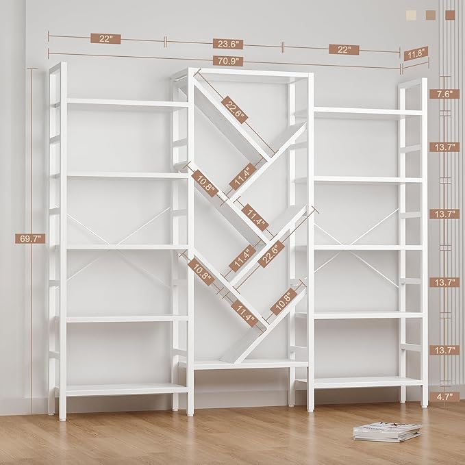 INNOD 70" Triple 5 Tier Book Shelf, Large Wooden Bookcase with 17 Open Display Shelf, Modern Tree Bookshelf Metal Frame Tall Bookshelf Furniture for Living Room Bedroom Home Office White