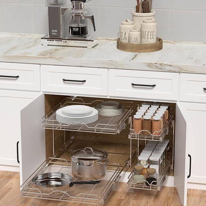 OCG 2 Tier Pull Out Cabinet Organizer (15.5" W x 18" D), Pull Out Drawers for Kitchen Cabinets, Pull Out Shelves for Base Cabinet Organization in Kitchen Bathroom Pantry, Chrome Finish