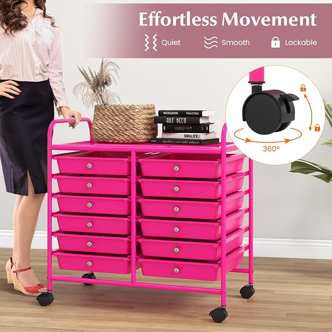 LDAILY 12 Drawer Rolling Storage Cart, Craft Cart Organizer on Wheels w/Metal Frame, Large Capacity & Smooth Drawer, Rolling Cart w/Drawers for Classroom, Office