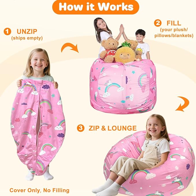 Lukeight Unicorns Stuffed Animals Storage Bean Bag Chair Cover Only (Ships Empty, No Filling) - Velvet YKK Zipper Beanbag Cover for Big Kids Teens, Washable Plush Toy Organizer, XX-Large 36" D x 20" H