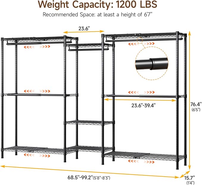S3 Expandable Heavy Duty Clothes Rack, Freestanding Closet Organizer System | 5'8" to 8'3" Max Load 1200LBS Metal Garment Rack Portable Closet System with 4 Extendable Shelves & 4 Telescopic Rods Black