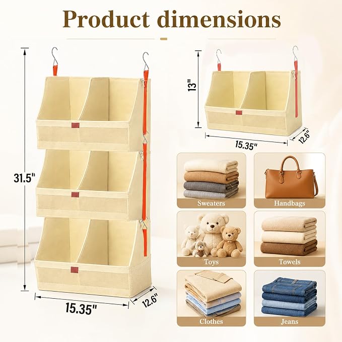 Fabric Hanging Closet Organizer Heavy Duty Shelf Hanging Storage Towel Clothes Sweater Jeans Bag Organizer For Closet For Bedroom,Dorm,RV,See Through Front Panel, Space-Saving (Beige-3Tier Extra Wide)