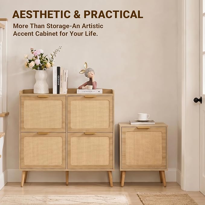 Shoe Storage Cabinet for Entryway, Slim Freestanding Rattan Shoe Cabinet with 3 Flip Drawers, Hidden Shoe Organizer Cabinet, Narrow Shoe Rack , Farmhouse Design (Singel Flip Drawer - Breathe Rattan)