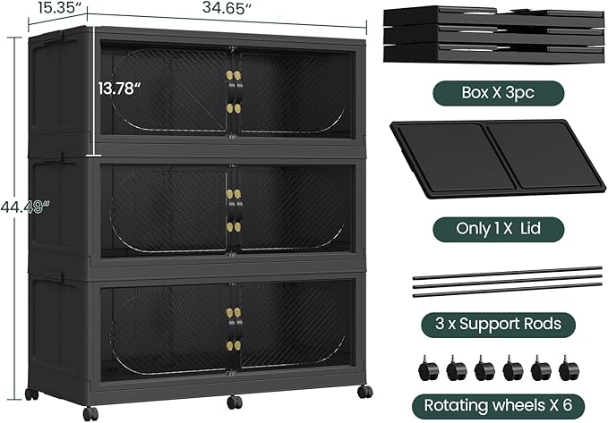 720QT Extra Large Stackable Storage Bins with Lid & Wheels & Doors, 180Gal Foldable Collapsible Closet Organizers, Plastic Cabinet Box Container Drawer for Home Kitchen Bedroom, 3Pack Black