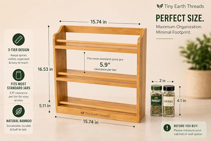 Bamboo Spice Rack Organizer – 3 Tier Bamboo Spice Rack Organizer – Countertop or Wall Mounted – Kitchen Spice Shelf Storage – Space Saving Organizer for Pantry & Cabinet