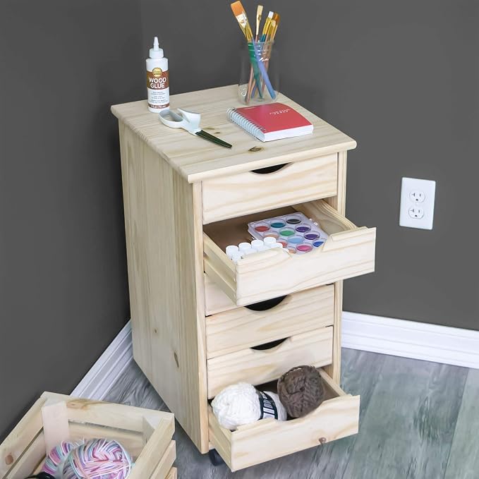 Jela-USA Solid Pine Wood 6 Drawer Rolling Cart, Natural