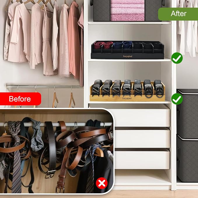Belt Organizer, Black, 7 Compartments | Natural Bamboo Belt Storage Box, For Closet and Drawer, Belt Holder Case, For Belt and Tie , For Men & Women
