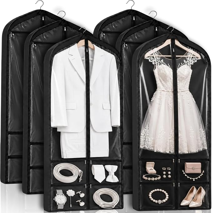 Tranqun 6 Pack 65" Long Wedding Garment Bags for Gowns 4" Gusseted Clear Dress Travel Bag for Hanging Clothes Foldable Wedding Dress Cover with 4 Zipper Pockets for Closet Storage and Travel (Black)