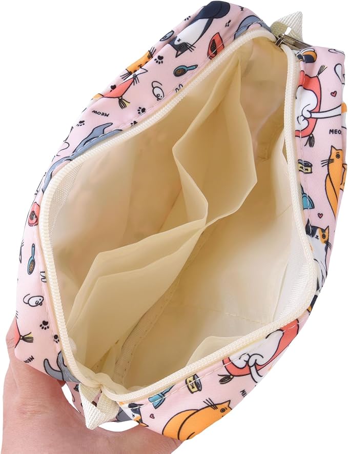 Multiple Pockets Portfolio Organizer with Zippered,Storage Pencil Pouch Bag | Waterproof Travel Toiletry Bag,Portable Pencil Pouch for Notebooks,Stationeries,Make-up,Journal Office Art Supplies,Pink Cat