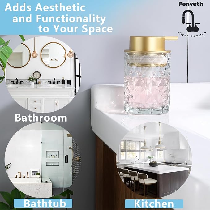 Foaming Soap Dispenser Clear Glass Bottle Gold Pump, Easy Refill and Clean Design Clog-Free Heavy Glass for Kitchen Bath