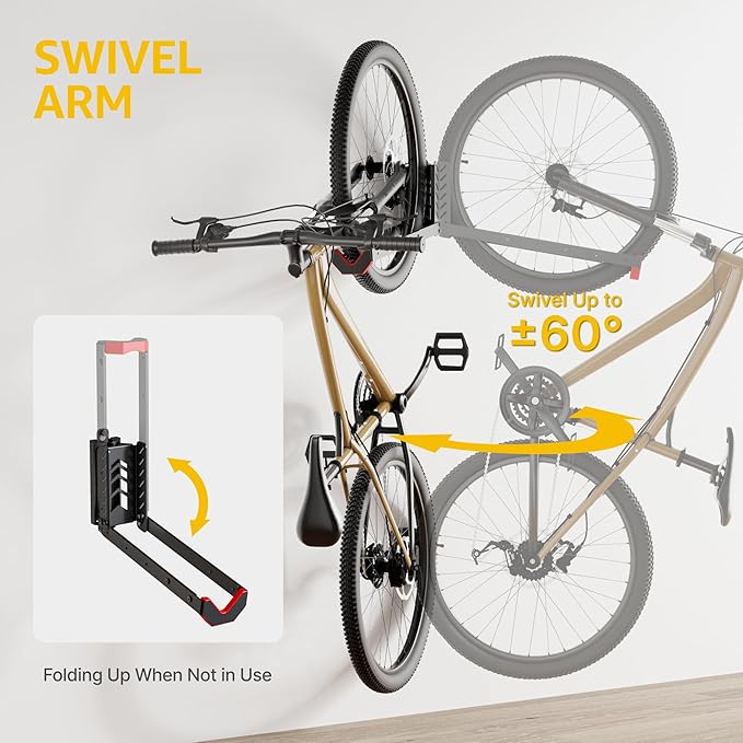 monTEK No-Lift Swivel Bike Wall Mount, Bike Hangers for Garage, 1 Pack | Space-saving bike storage rack pivots 120°; 4 settings fit 16-29 in wheels and tires up to 3.54 in wide; holds 77 lb each