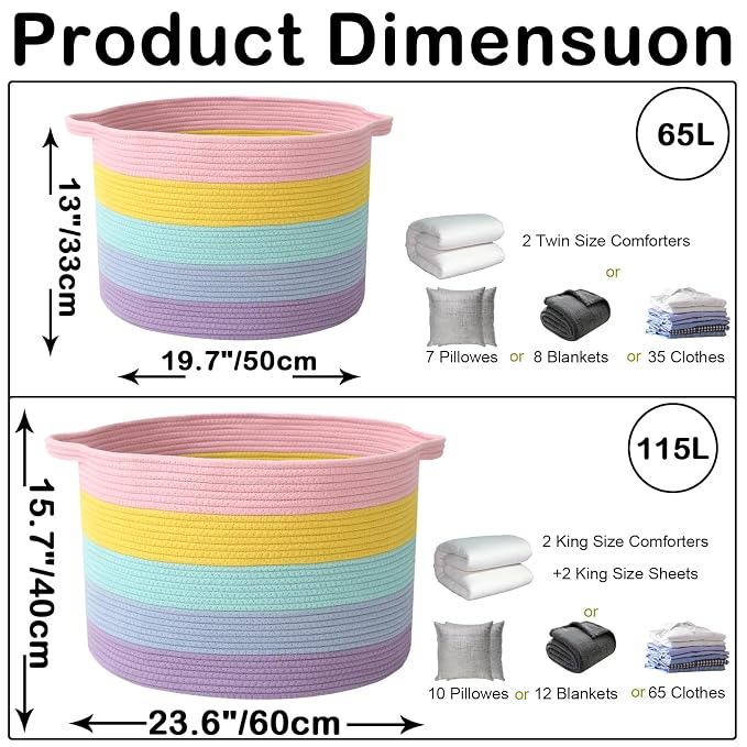 65L Large Blanket Basket,Woven Rope Laundry Basket Hamper with Handles,Decorative Nursery Basket Storage Bin for Toys, Pillows , Clothes Organizer, Living Room, Bedroom, Bathroom, Colorful