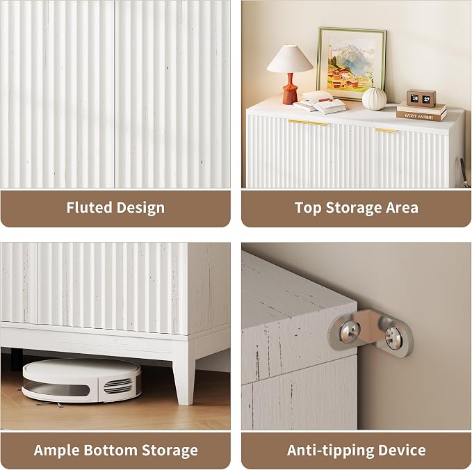 Vlsrka Shoe Storage Cabinet with Fluted Doors and Adjustable Shelves | 6 Tier Wooden Shoe Organizer, Large Capacity, Human Sensor Lighting, 180° Rotating, for Entryway, Hallway, Living Room, White