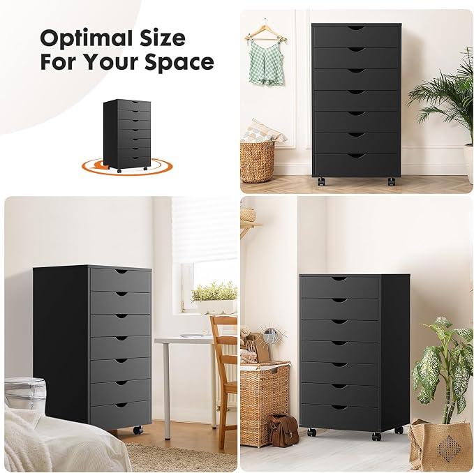 OLIXIS 7 Drawer File Cabinet on Wheels, Printer Stand | Fits Under Desks, Wood Storage Organization Holds Printer, Office Supplies, Not For Hanging Files, For Home Office Use Black
