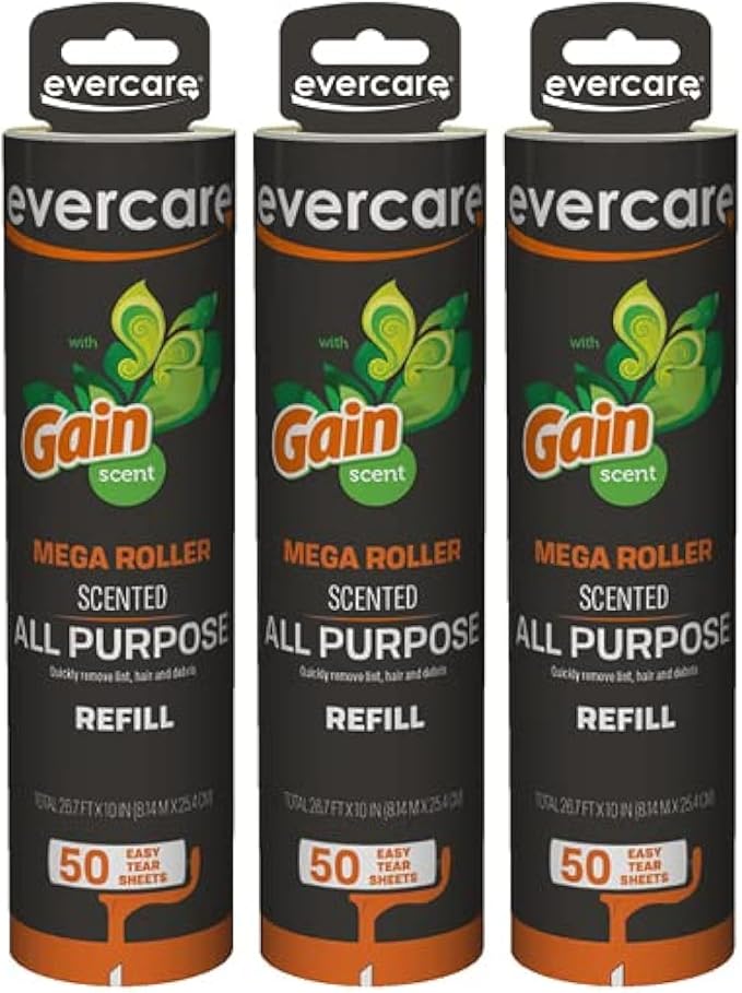 Evercare Pack of 3 Gain Scented All-Purpose Mega Lint Roller Refill Rolls, 50 Sheets Each