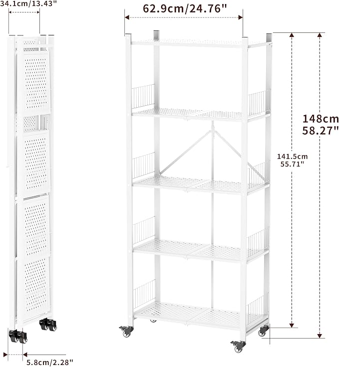 Folding Shelves No Assembly, 5 Tier Foldable Storage Shelves with Wheels, 220LBS Per Shelf Metal Collapsible Rack for Pantry Storage & Home Organization, White