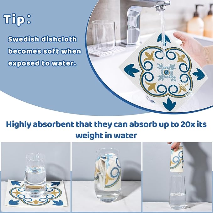 Needbrock 6 Pack Swedish Dishcloths for Kitchen,Swedish Rags Dish Towels with Clips, Reusable Paper Towels Washable Absorbent Cellulose Sponge Cloths for Countertop Dishes Sink Kitchen